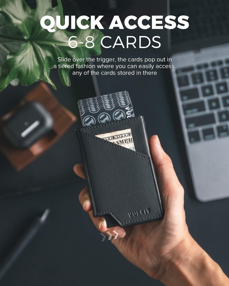 VULKIT Pop up Card Wallet RFID Blocking Slim Aluminum Metal Bank Card Holder Case with Business Money Pocket for Credit Cards Notes and Coins (Black) - Image 3